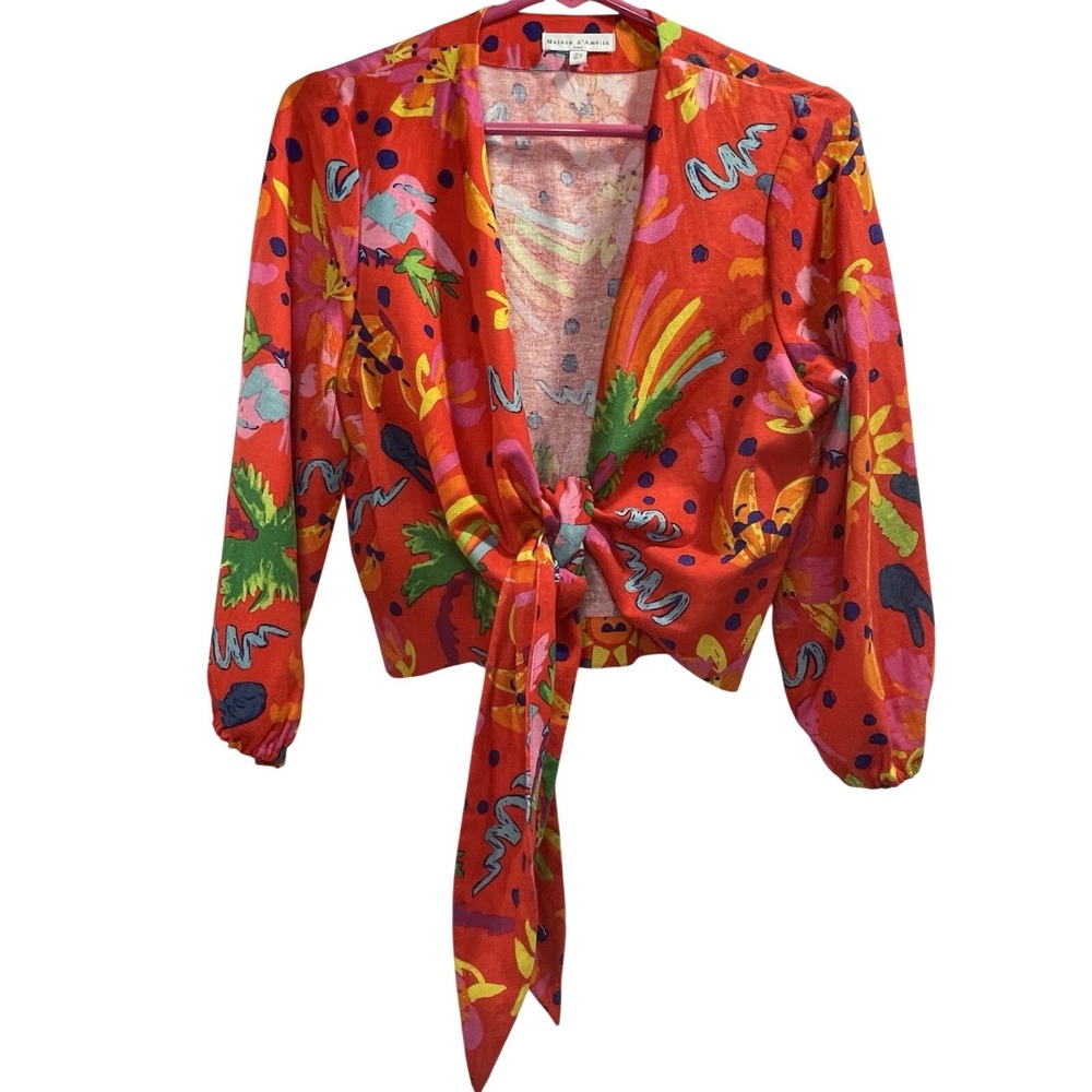 Maison D'Amelie Cropped Wrap Blouse Sz Small Red With Tropical Theme 56 % Linen
